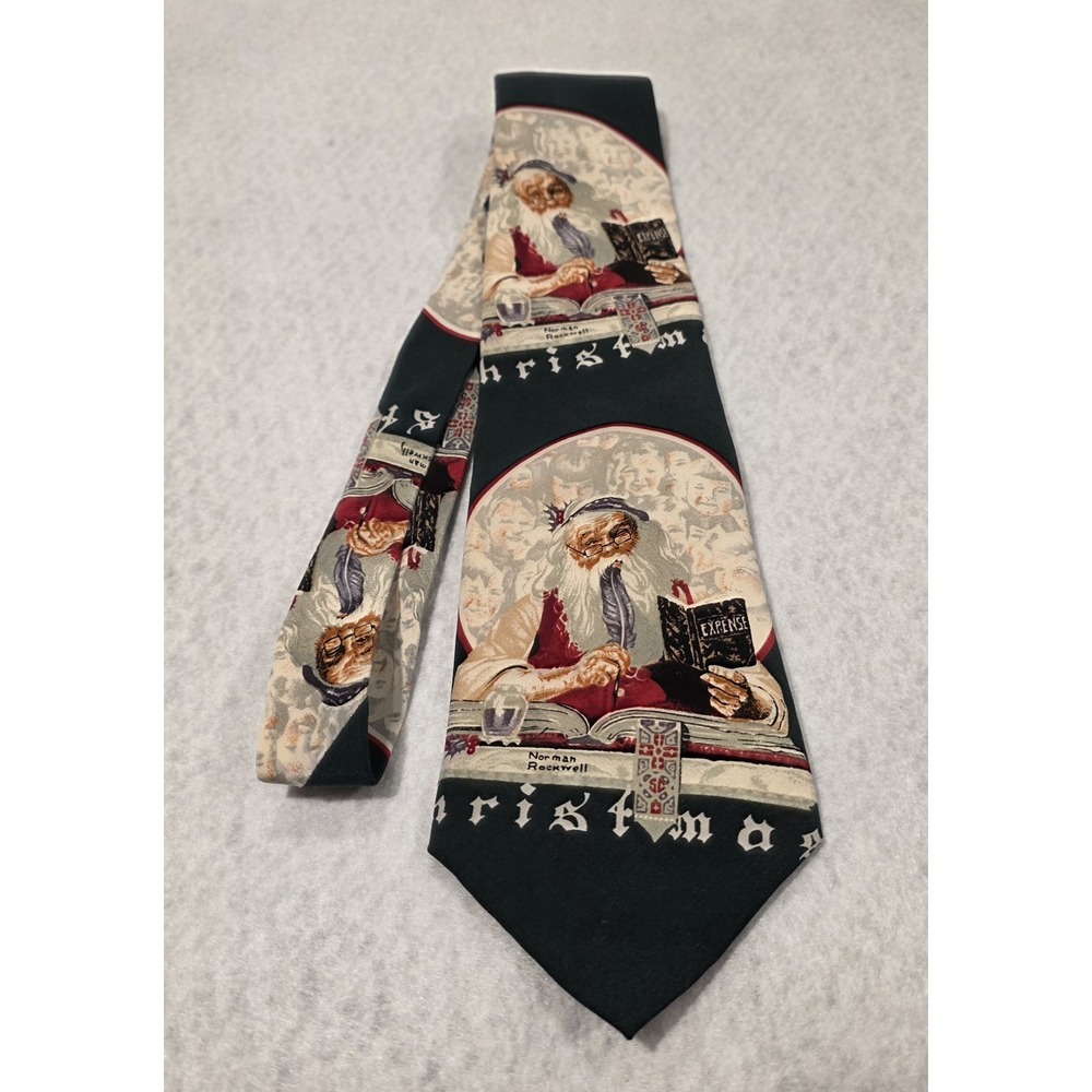 Norman Rockwell Mens Necktie Tie Silk Santa Christmas Books Feather Pen VTG 1993